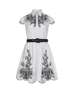 Anne Fontaine Dress Adelina Poplin Shirt Dress With Embroidery Detailing, Scalloped Hem, Pockets & Removable Belt - Gray
