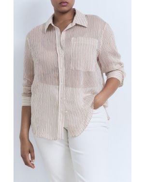 Mango Stripe Sheer Long-Sleeve Button-Up Shirt - Brown