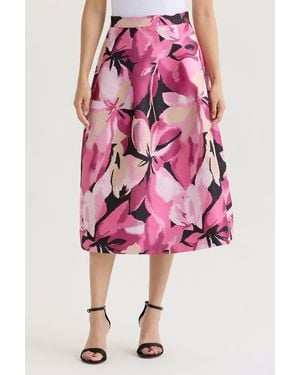 Ming Wang X Family Savvy Shimmer Lined Floral Jacquard Woven Midi Skirt - Pink