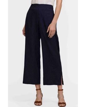 Foxcroft Jenna Pinstripe Wide Leg Crop Linen Blend Pants - Blue
