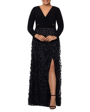 Xscape Evenings Xscape 3D Floral & Mesh Cutout Long Sleeve Gown - Black