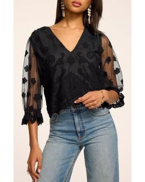 Ramy Brook Esmeralda Floral Embroider V-Neck Shirt - Black