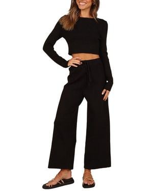 Petal & Pup Ayers Long Sleeve Rib Top & Wide Leg Pants - Black