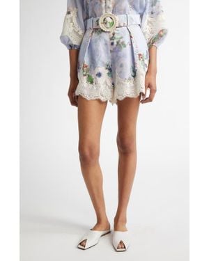 【Zimmermann】Everley pleated lace-trimmed linen shorts Zimmermann Everley Belted Pleated Lace-Trimmed Floral-Print