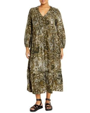 City Chic Gaia Long Sleeve Tiered Maxi Dress - Green