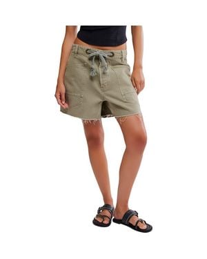 Free People Moxie Mid Rise Belted Drawstring Cutoff Denim Shorts - Green