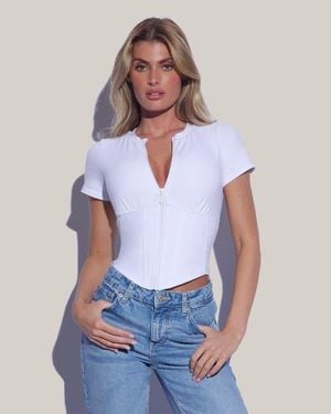 TA3 Mega Sculpting Zip-Front Short Sleeve Top - White