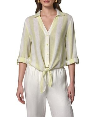 Donna Karan Yarn Dye Stripe Crop Linen Blend Button-Up Shirt - Natural