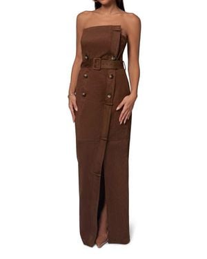 JLUXLABEL Chocolate Xena Belted Strapless Faux Suede Maxi Dress - Brown