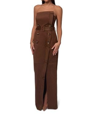 JLUXLABEL Chocolate Xena Belted Strapless Faux Suede Maxi Dress - Brown