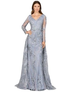 LARA New York Lace Long Sleeve Gown With Overskirt - Blue