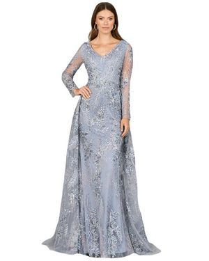 LARA New York Lace Long Sleeve Gown With Overskirt - Blue