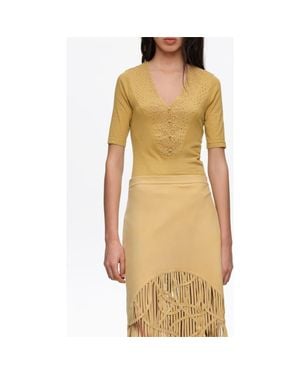 Bimba Y Lola Embroidered V-Neck Bodysuit - Yellow