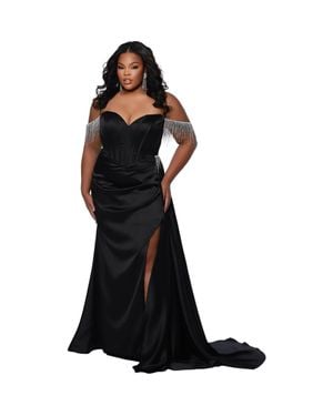 Johnathan Kayne for Sydneys Closet Sweetheart Neckline Fitted Satin Corset Plus Size Evening Gown - Black