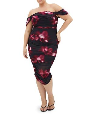 City Chic Floral Print Off The Shoulder Dress - Red