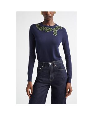 Carolina Herrera Branch Embroidered Silk & Cotton Sweater - Blue