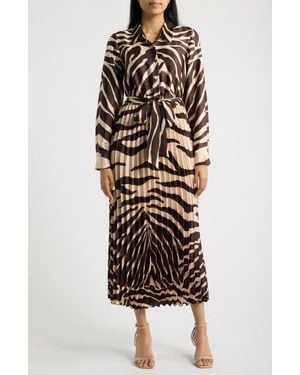 Sam Edelman Zebra Print Long Sleeve Pleated Maxi Shirtdress - Brown