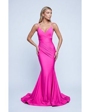 Jessica Angel Ruched Plunge Neck Mermaid Evening Gown - Pink