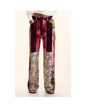 Desigual Mix Print Straight Leg Pants - Red