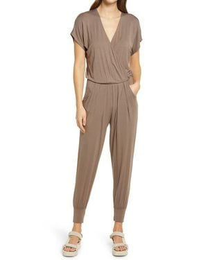 Loveappella Short Sleeve Wrap Top Jumpsuit - Natural