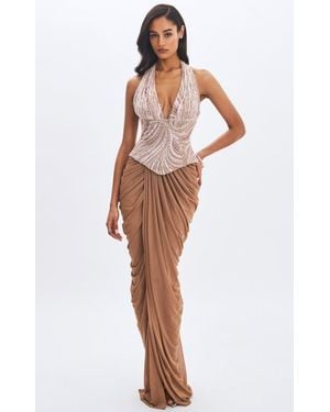 Miss Circle Nancie Beaded Halter Peplum Ruched Maxi Dress - Orange