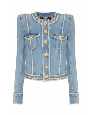 Balmain Denim Jacket With Pearl Trim - Blue