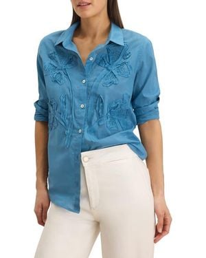 NIC+ZOE Beaded Floral Appliqué Button-Up Top - Blue