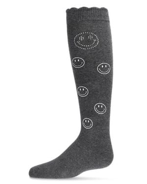 Memoi Jeweled Smiley Face Knee High Socks - Black