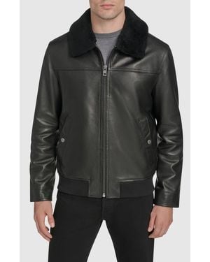 Andrew Marc Leather Aviator Jacket With Removable Genuine Shearling Collar - Black