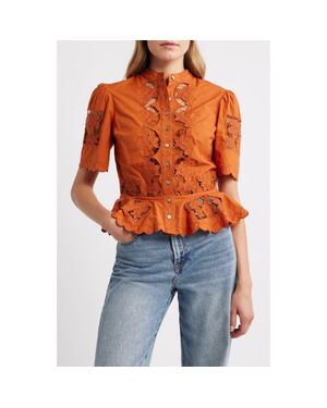 LOVE THE LABEL Elizabeth Openwork Lace Short Sleeve Button-Up Shirt - Orange