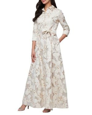 Alex Evenings Metallic Jacquard Tie Waist Gown - Natural