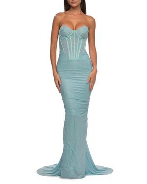 La Femme Corset Style Prom Dress With Rhinestone Fabric - Blue