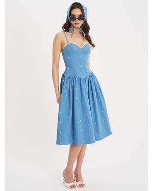 Miss Circle Zadie Denim Drop Waist Embroidery Flower Midi Dress - Blue