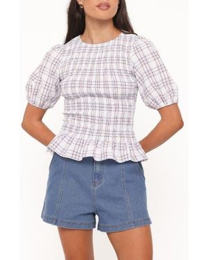 Petal & Pup Callista Plaid Smocked Puff Sleeve Top - White
