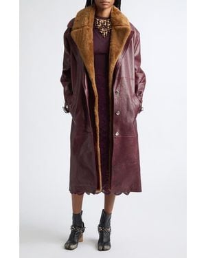 Rabanne Genuine Shearling Trim Belted Leather Coat - Red
