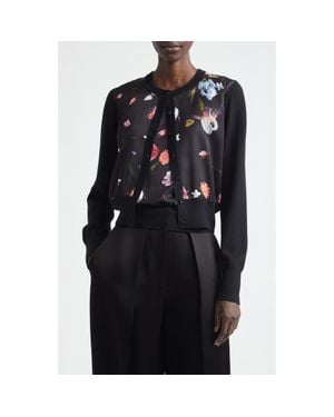 Erdem Floral Satin & Merino Wool Cardigan - Black