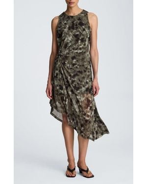 Kenneth Cole Print Sleeveless Asymmetric Midi Dress - Green