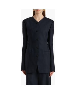 KHAITE Naran Pinstripe Single Breasted Stretch Virgin Wool & Cotton Blazer - Blue