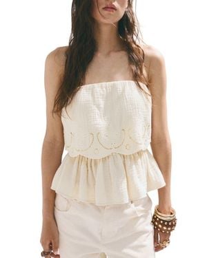 Mango Maui Openwork Embroidered Strapless Gauze Peplum Top - Natural