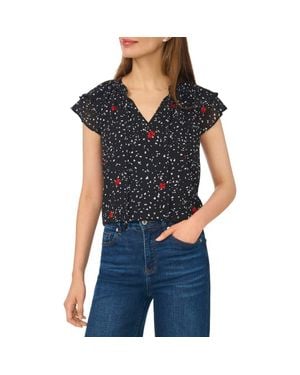 Cece Floral Dot Flutter Sleeve Split Neck Top - Black