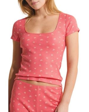 Etam Ondine Waffle Knit Short Sleeve Cotton Pajama Top - Red
