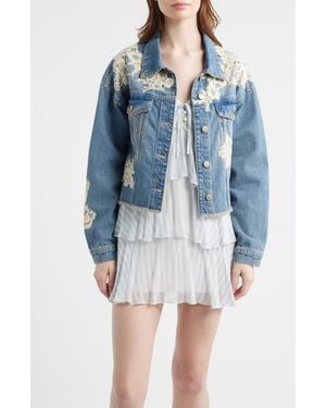 LoveShackFancy Amana Lace Patch Denim Jacket - Blue
