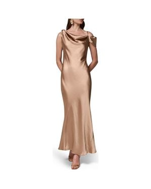 Donna Karan Asymmetric Shoulder Satin Gown - Brown