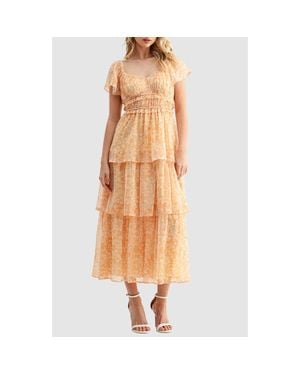 Mila + Mate Floral Print Pleated Tiered Midi Dress - Orange