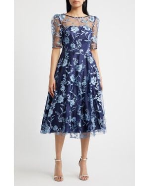 Eliza J Embroidered Floral Cocktail Midi Dress - Blue