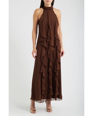 Eliza J Cascade Ruffle Halter Gown - Brown