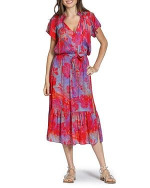 Apny Print Short Sleeve Midi Dress - Red