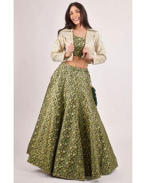 Ras Zele Banarasi Lehenga Choli With Jacket - Green