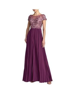 Mac Duggal Petite Embroidered Cap Sleeve Pleated Gown - Purple