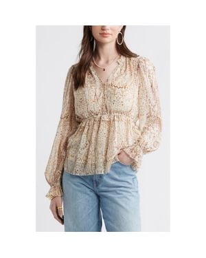 Treasure & Bond Long Sleeve Chiffon Peplum Top - Natural